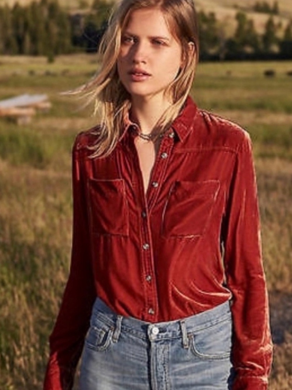 Anthropologie Holding Horses Burnt Orange Rust Crushed Velvet Button Down Sz XL